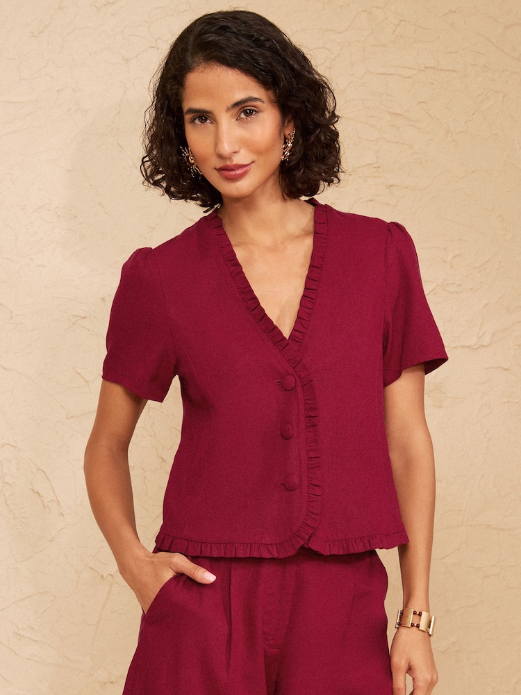 Love & Roses Dark Red Tailored Linen Look Top With Ruffle Detail - Image 1 of 4