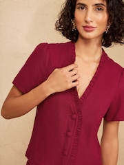 Love & Roses Dark Red Tailored Linen Look Top With Ruffle Detail - Image 2 of 4