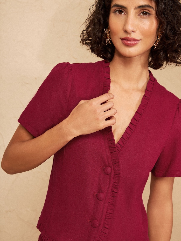 Love & Roses Dark Red Tailored Linen Look Top With Ruffle Detail - Image 2 of 4