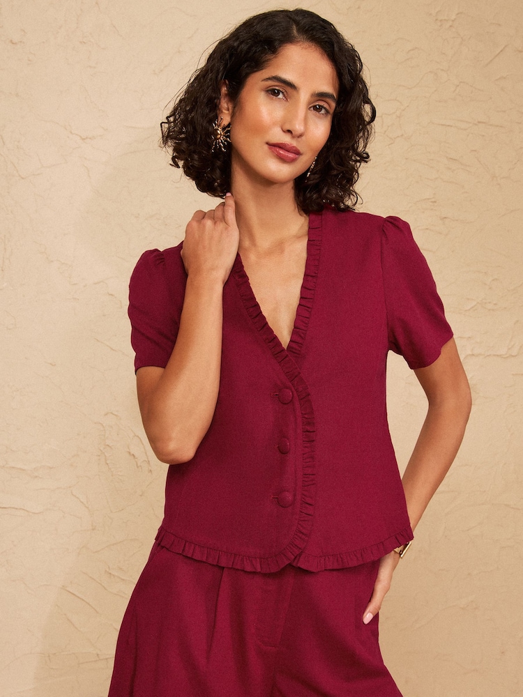 Love & Roses Dark Red Tailored Linen Look Top With Ruffle Detail - Image 4 of 4