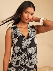 Love & Roses Black Tailored Short Sleeve Tie Front Top With Cornelli Embroidery - Image 1 of 5
