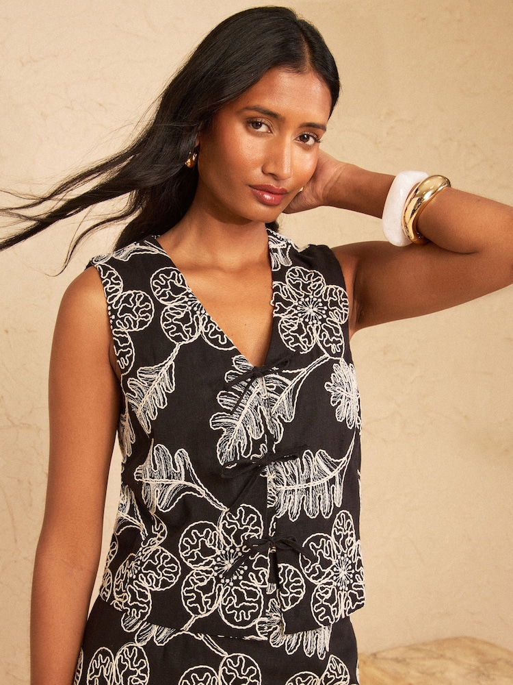 Love & Roses Black Tailored Short Sleeve Tie Front Top With Cornelli Embroidery - Image 1 of 5