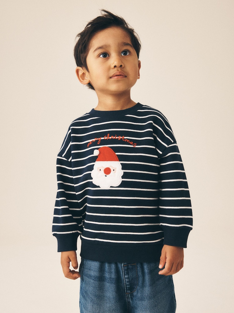 Navy Stripe Santa Christmas Crew Neck Sweat Top (3mths-7yrs) - Image 1 of 4