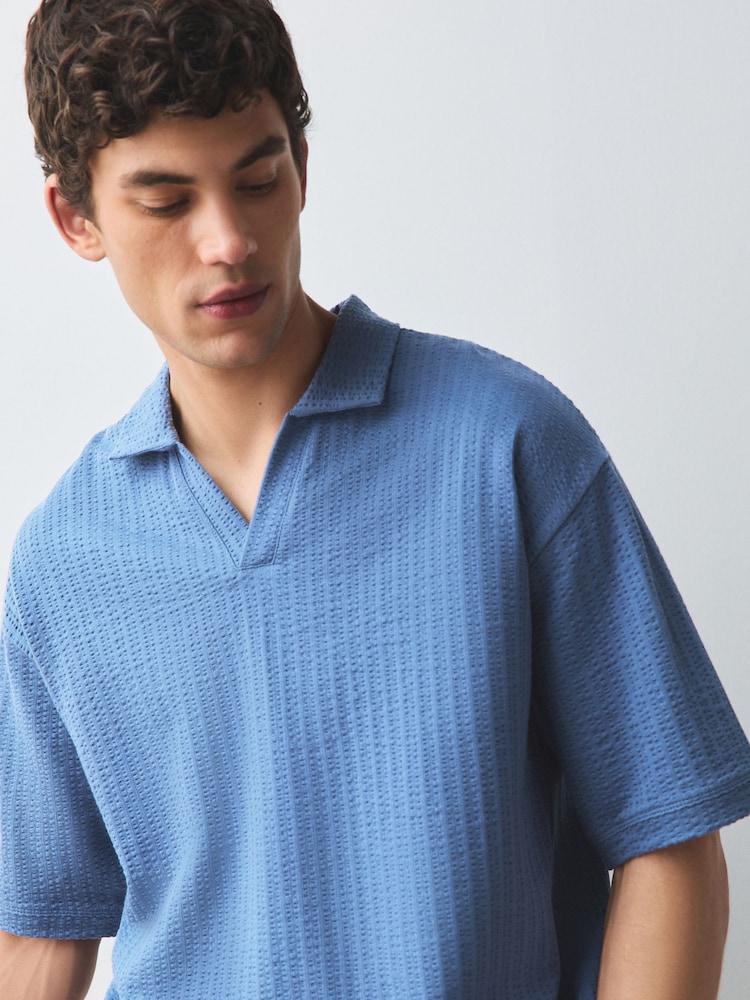 Blue Seersucker Trophy Neck Textured Polo Shirt - Image 1 of 9 Blue Seersucker Trophy Neck Textured Polo Shirt - Image 1 of 9