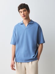 Blue Seersucker Trophy Neck Textured Polo Shirt - Image 2 of 9