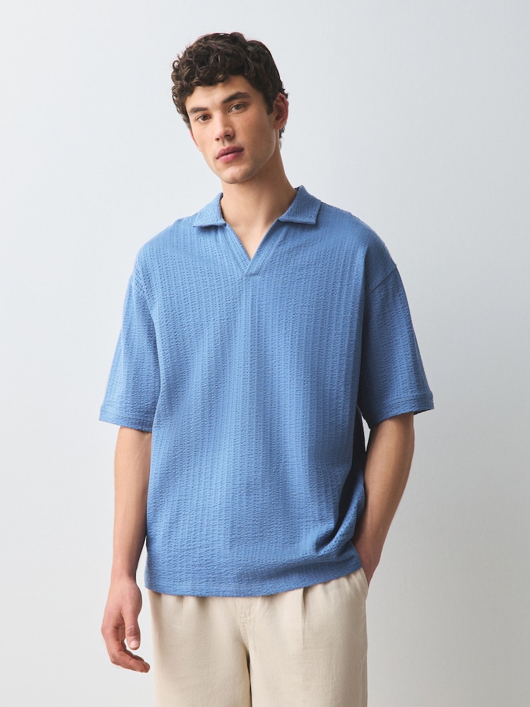 Blue Seersucker Trophy Neck Textured Polo Shirt - Image 2 of 9 Blue Seersucker Trophy Neck Textured Polo Shirt - Image 2 of 9