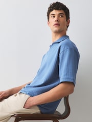 Blue Seersucker Trophy Neck Textured Polo Shirt - Image 4 of 9