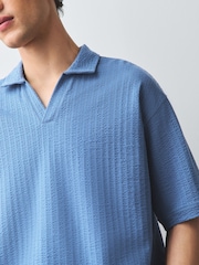 Blue Seersucker Trophy Neck Textured Polo Shirt - Image 6 of 9