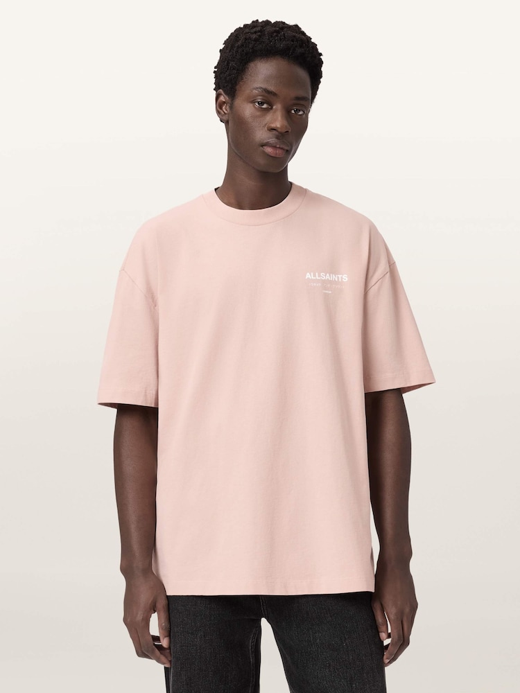 AllSaints Sunbaked Pink Underground Oversized Cotton Crew Neck T-Shirt - Image 1 of 7 AllSaints Sunbaked Pink Underground Oversized Cotton Crew Neck T-Shirt - Image 1 of 7
