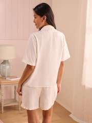Laura Ashley Pink/Cream Scallop Edge Woven Stripe Short Pyjamas Set - Image 2 of 4