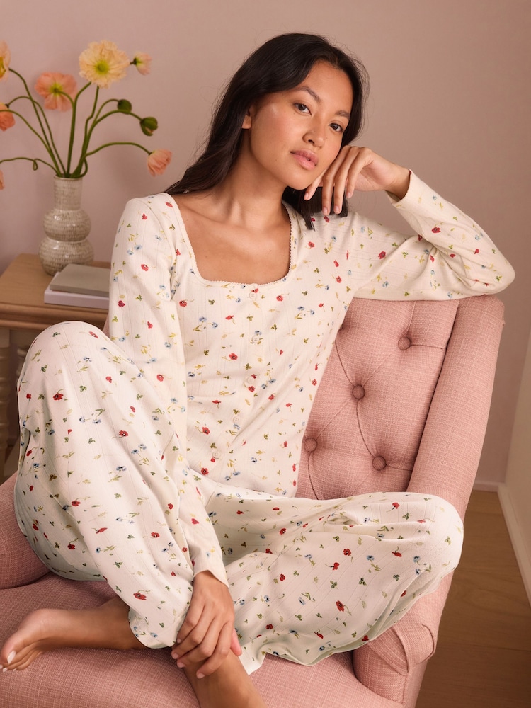 Laura Ashley White Pointelle Neve Ditsy Cotton Pyjamas - Image 2 of 4 Laura Ashley White Pointelle Neve Ditsy Cotton Pyjamas - Image 2 of 4