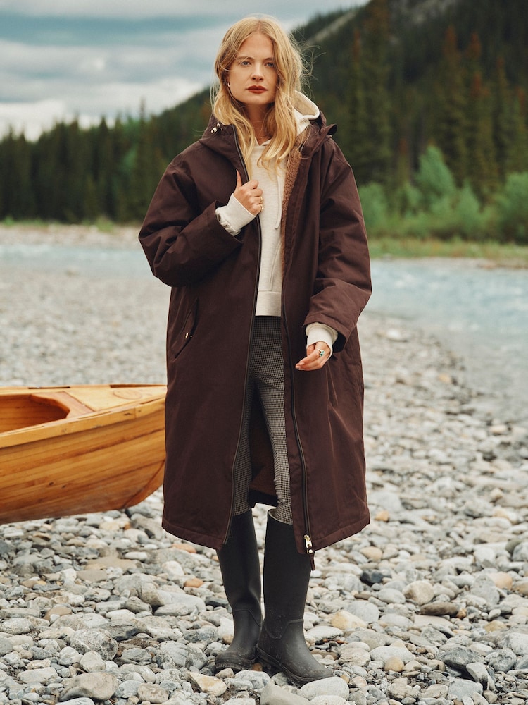 Coverall Chocolate Brown Oversized Fleece Lined Waterproof Coat - Image 1 of 14