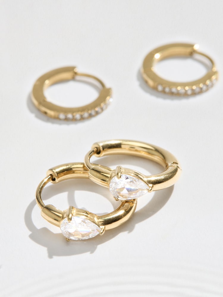 Gold Tone Waterproof Stainless Steel Sparkle Huggie Hoop Earrings 2 Pack - Image 1 of 3