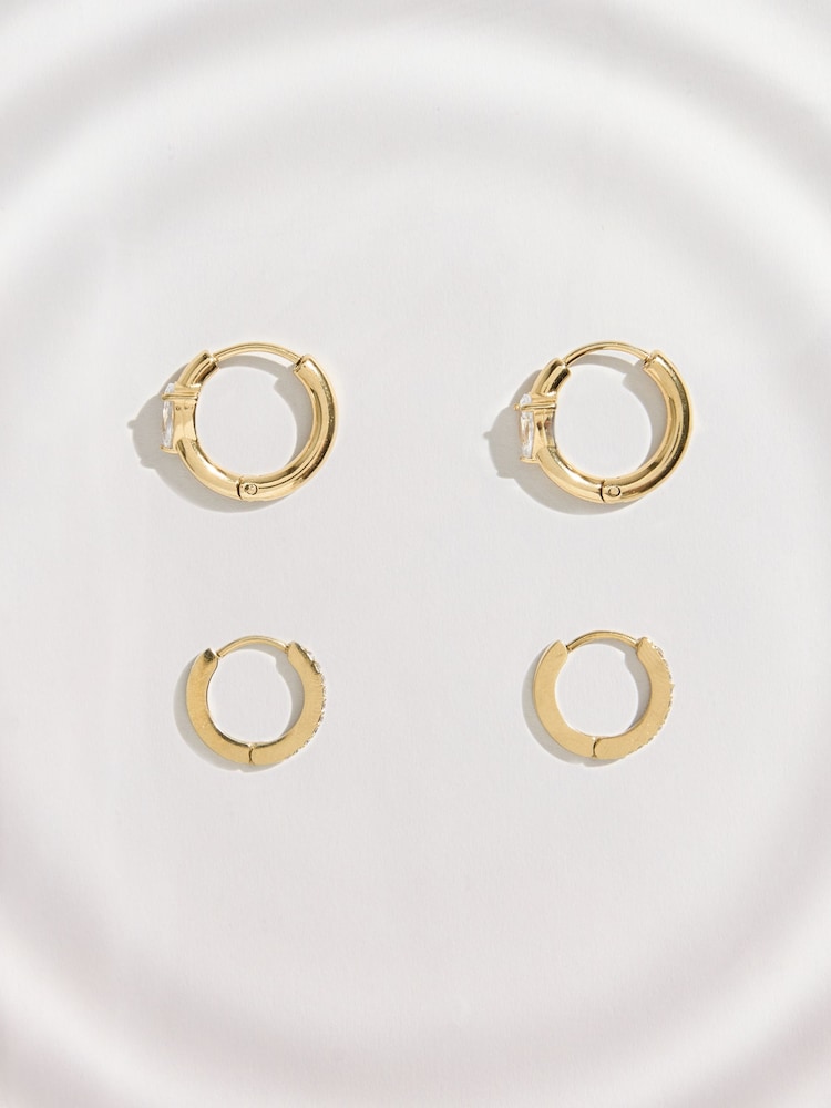 Gold Tone Waterproof Stainless Steel Sparkle Huggie Hoop Earrings 2 Pack - Image 2 of 3