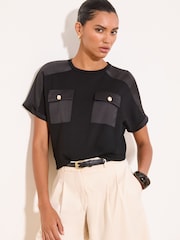 Lipsy Black Satin Mixed Patch Pocket T-Shirt - Image 1 of 5