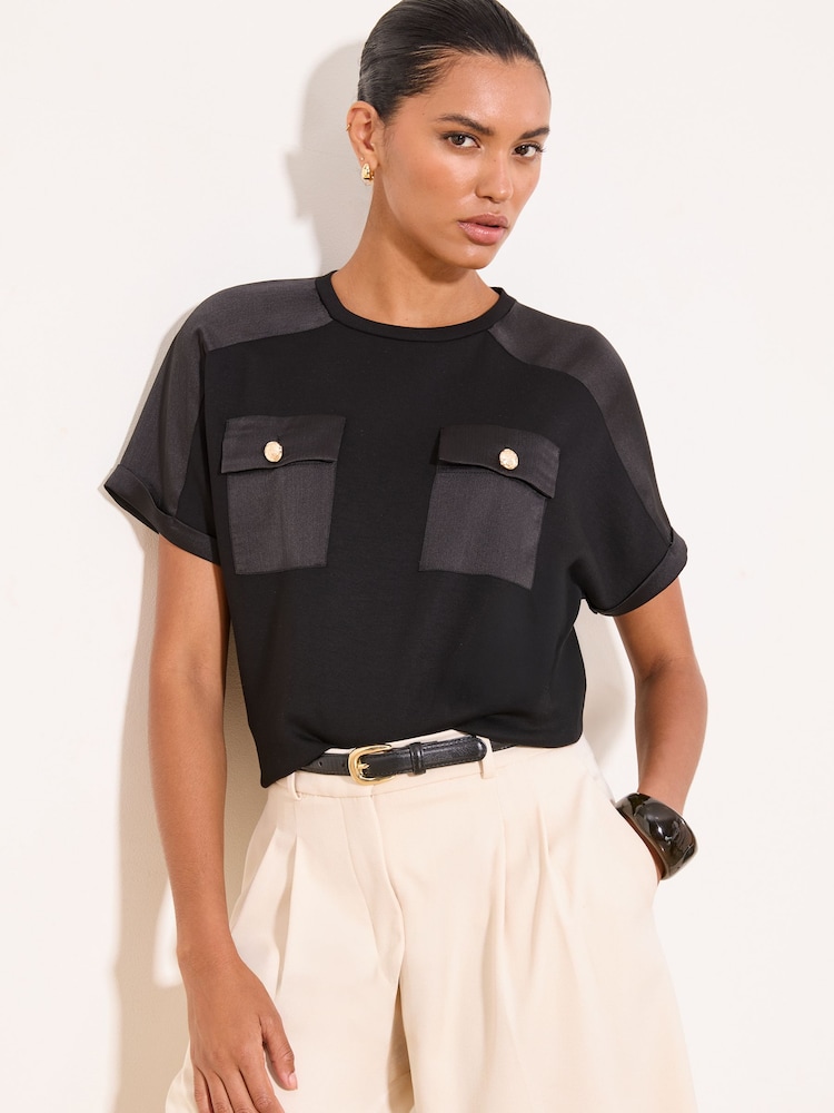 Lipsy Black Satin Mixed Patch Pocket T-Shirt - Image 1 of 5