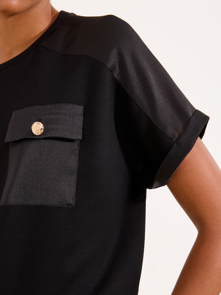 Lipsy Black Satin Mixed Patch Pocket T-Shirt - Image 2 of 5