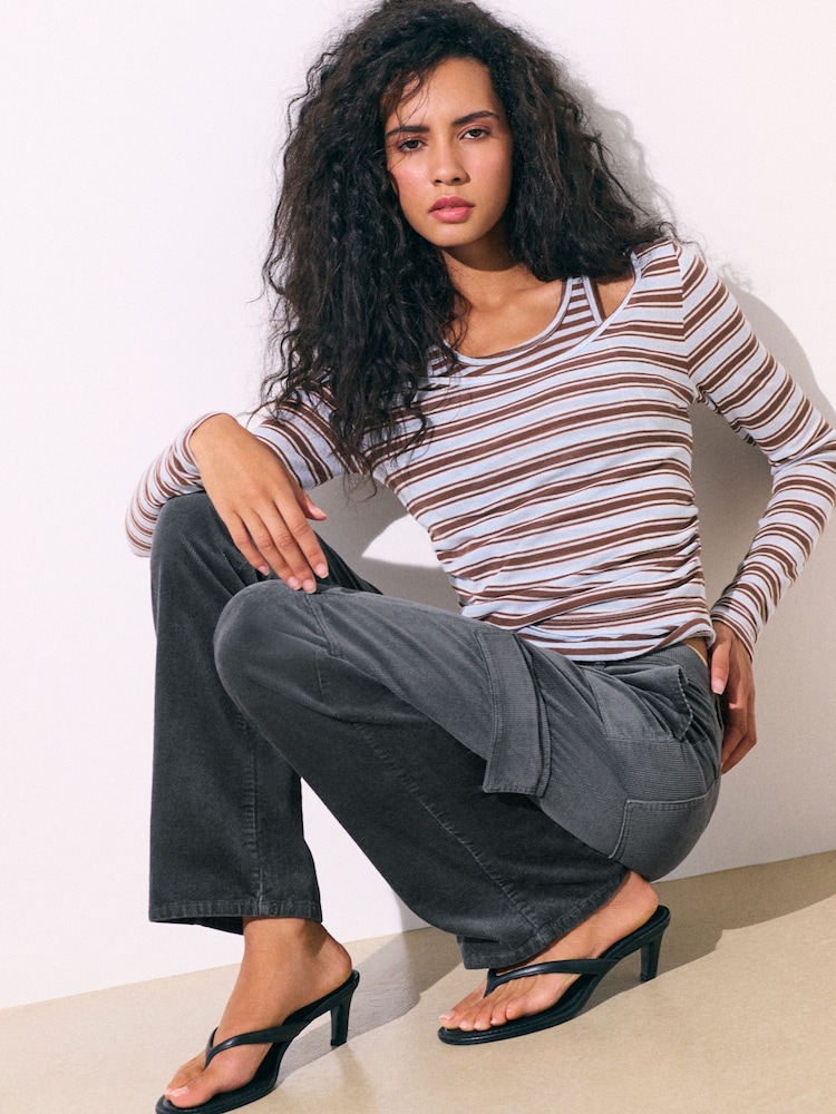 Grey Straight Cargo Cord Trousers with Modal - Image 1 of 6 Grey Straight Cargo Cord Trousers with Modal - Image 1 of 6