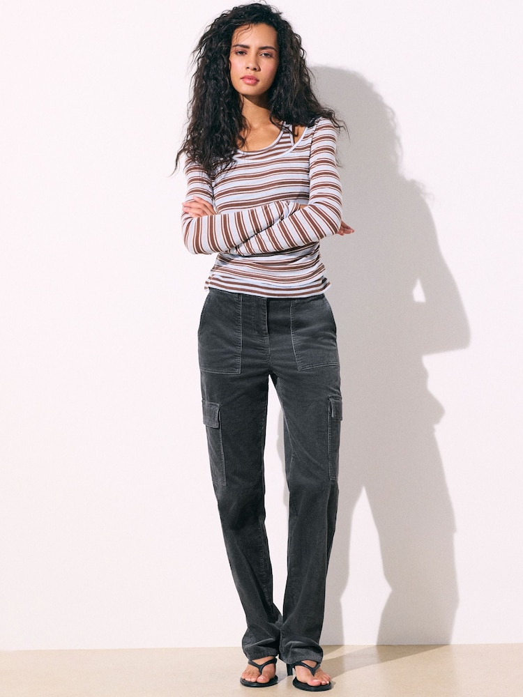 Grey Straight Cargo Cord Trousers with Modal - Image 2 of 6 Grey Straight Cargo Cord Trousers with Modal - Image 2 of 6