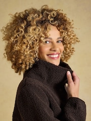 Joules Sadie Chocolate Brown Longline Button Through Fleece Jacket - Image 3 of 9