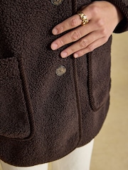 Joules Sadie Chocolate Brown Longline Button Through Fleece Jacket - Image 5 of 9