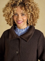 Joules Sadie Chocolate Brown Longline Button Through Fleece Jacket - Image 6 of 9