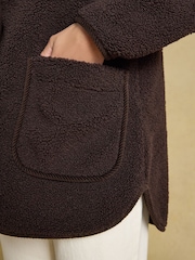Joules Sadie Chocolate Brown Longline Button Through Fleece Jacket - Image 7 of 9