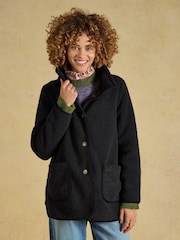 Joules Sadie Black Longline Button Through Fleece Jacket - Image 1 of 9