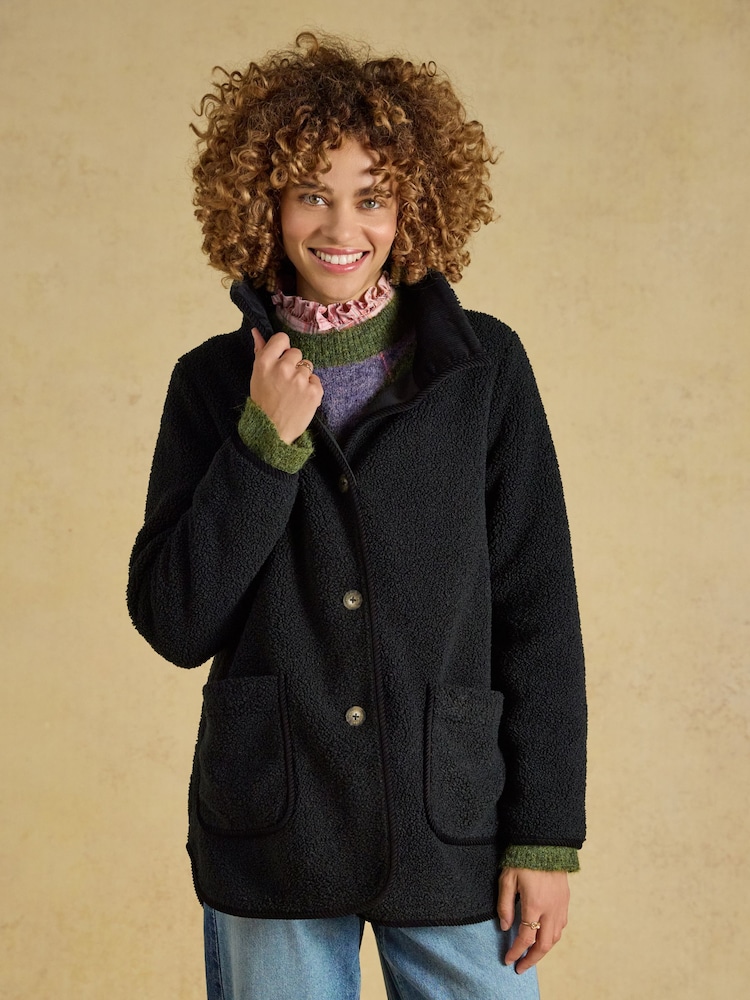 Joules Sadie Black Longline Button Through Fleece Jacket - Image 1 of 9 Joules Sadie Black Longline Button Through Fleece Jacket - Image 1 of 9