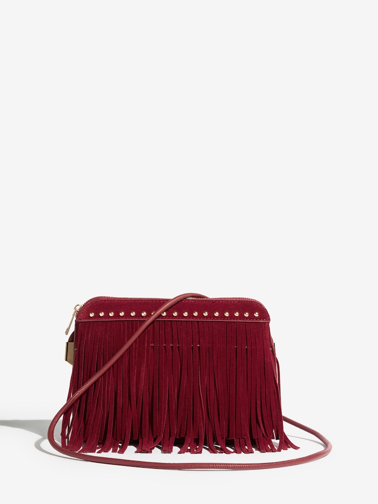 Burgunderrot Suedette - Friends Like These Fransen und Nieten besetzt Umhängetasche - Bild 1 von 5