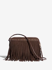 Friends Like These Chocolate Brown Suedette Fringe Studded Cross-Body Bag - Image 1 of 5