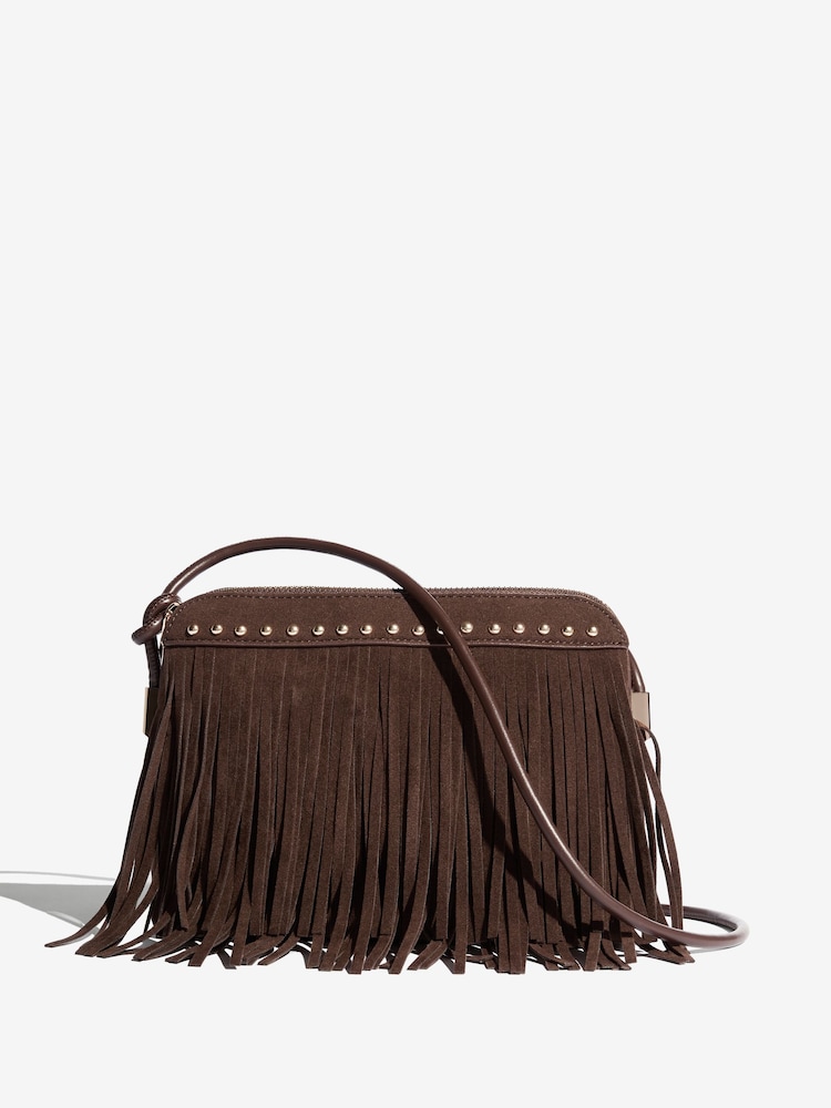 Friends Like These Chocolate Brown Suedette Fringe Studded Cross-Body Bag - Image 1 of 5