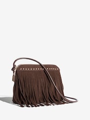 Friends Like These Chocolate Brown Suedette Fringe Studded Cross-Body Bag - Image 2 of 5