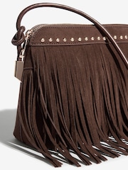 Friends Like These Chocolate Brown Suedette Fringe Studded Cross-Body Bag - Image 3 of 5