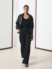Black Ponte Wide Leg Trousers With Button Detailing - Image 1 of 8