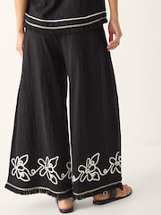 Monsoon Black Sara Embroidered Wide Leg Trousers - Image 2 of 5