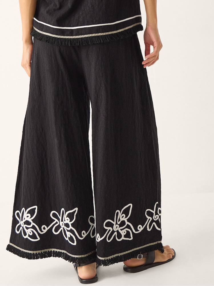 Monsoon Black Sara Embroidered Wide Leg Trousers - Image 2 of 5