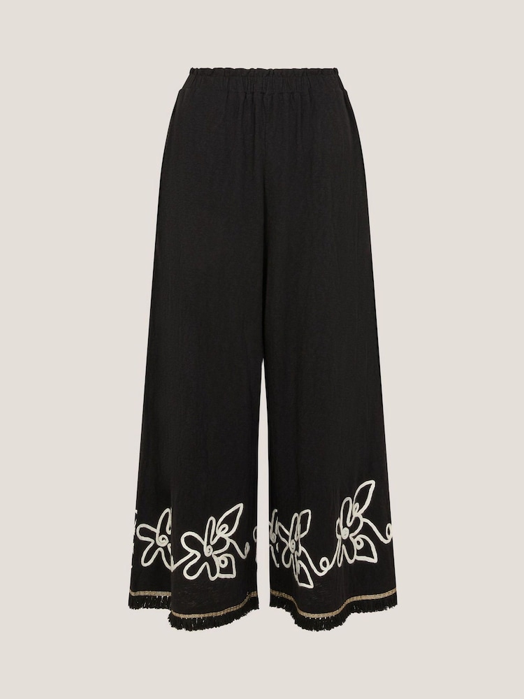 Monsoon Black Sara Embroidered Wide Leg Trousers - Image 5 of 5