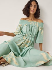 Monsoon Blue Tashie Sun Print Bardot Midi Dress - Image 2 of 6