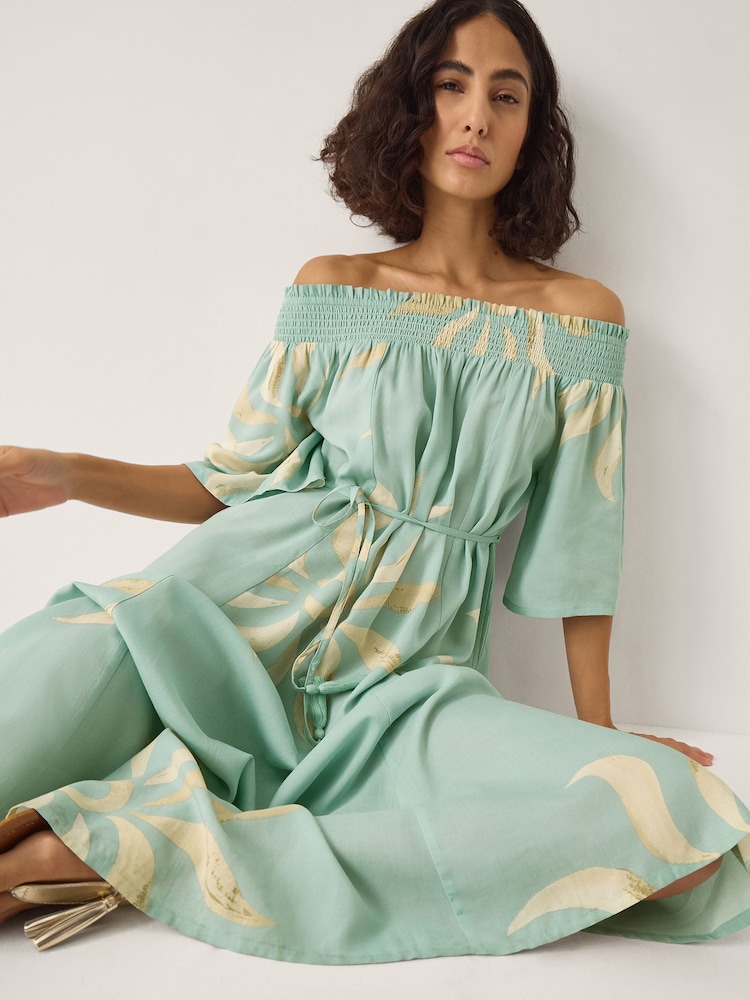 Monsoon Blue Tashie Sun Print Bardot Midi Dress - Image 2 of 6