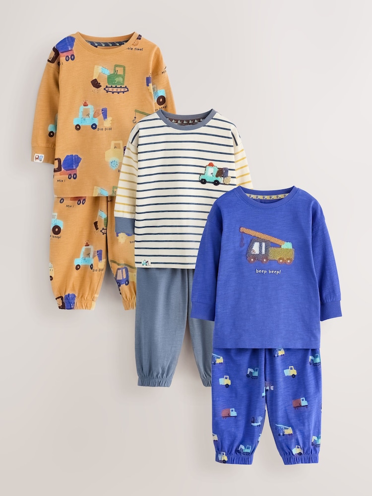Brown/Yellow/Blue Diggers Oversized Pyjamas 3 Pack (9mths-8yrs) - Image 1 of 7