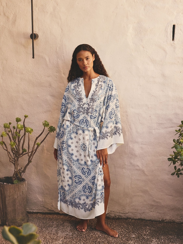 Blue Paisley Tie Waist Maxi Kimono Dress - Image 1 of 8