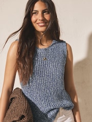 Denim Blue Open Knitted Tank Top - Image 1 of 8