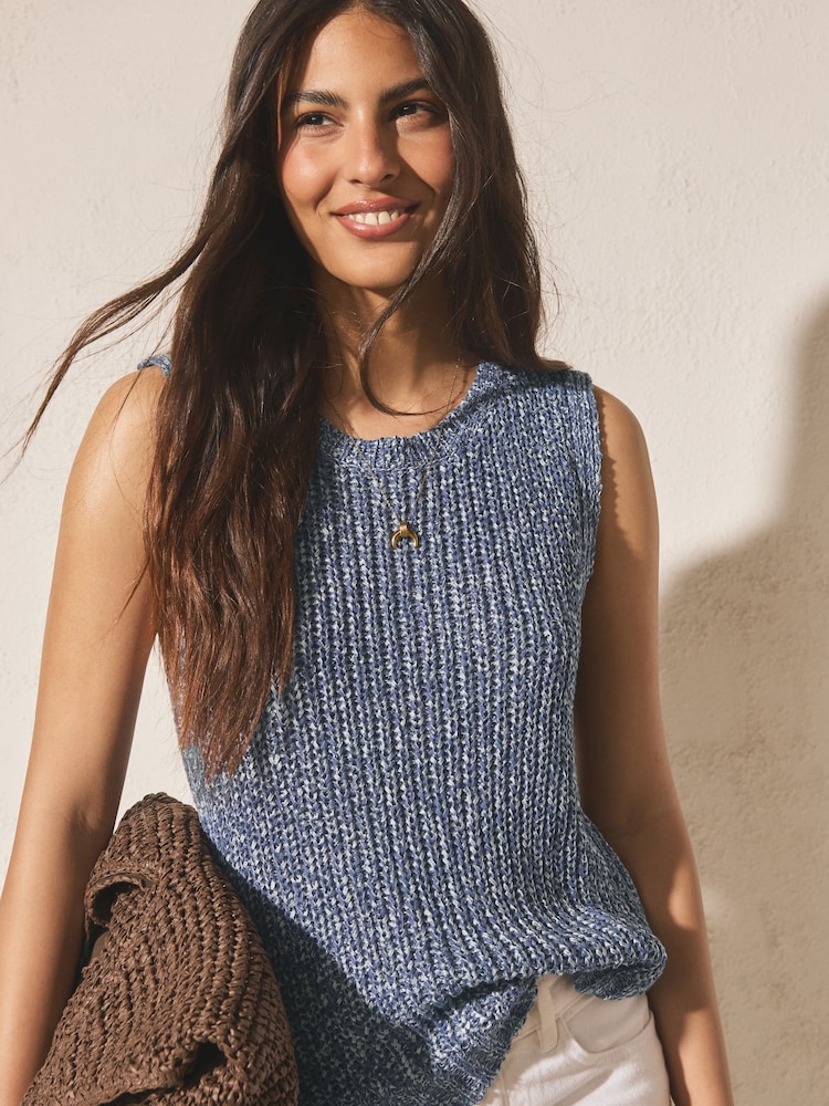 Denim Blue Open Knitted Tank Top - Image 1 of 8