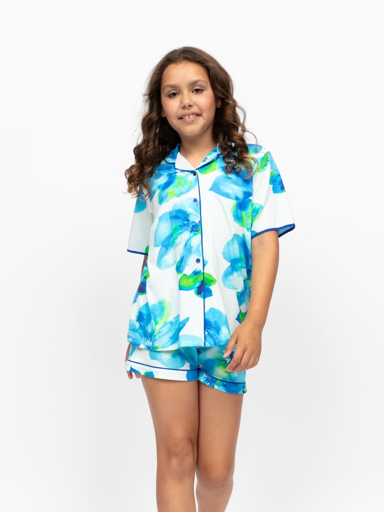 Cyberjammies Blue Floral Printed Jersey Short Sleeve Pyjamas Set - Image 1 of 4