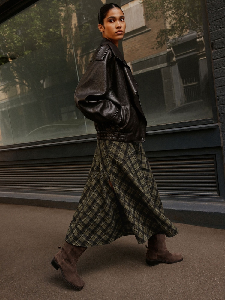 Green/Black Check Drop Waist Brushed Maxi Skirt - Image 1 of 8 Green/Black Check Drop Waist Brushed Maxi Skirt - Image 1 of 8