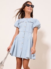 Lipsy Light Wash Blue Denim Puff Sleeve Diamonte Dress (5-16yrs) - Image 1 of 4