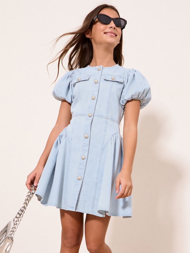 Lipsy Light Wash Blue Denim Puff Sleeve Diamonte Dress (5-16yrs) - Image 1 of 4