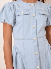 Lipsy Light Wash Blue Denim Puff Sleeve Diamonte Dress (5-16yrs) - Image 2 of 4