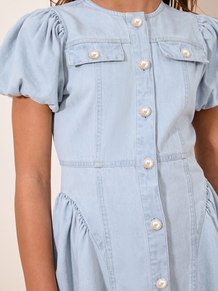 Lipsy Light Wash Blue Denim Puff Sleeve Diamonte Dress (5-16yrs) - Image 2 of 4